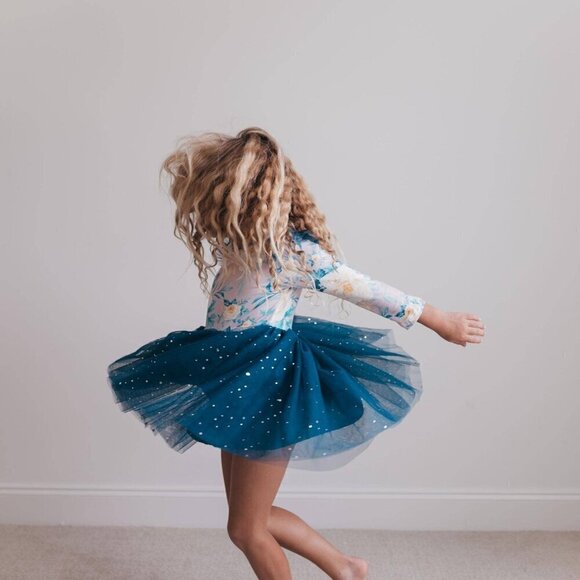 Blue Floral Print Sparkle Tulle Dress - Picture 2 of 10